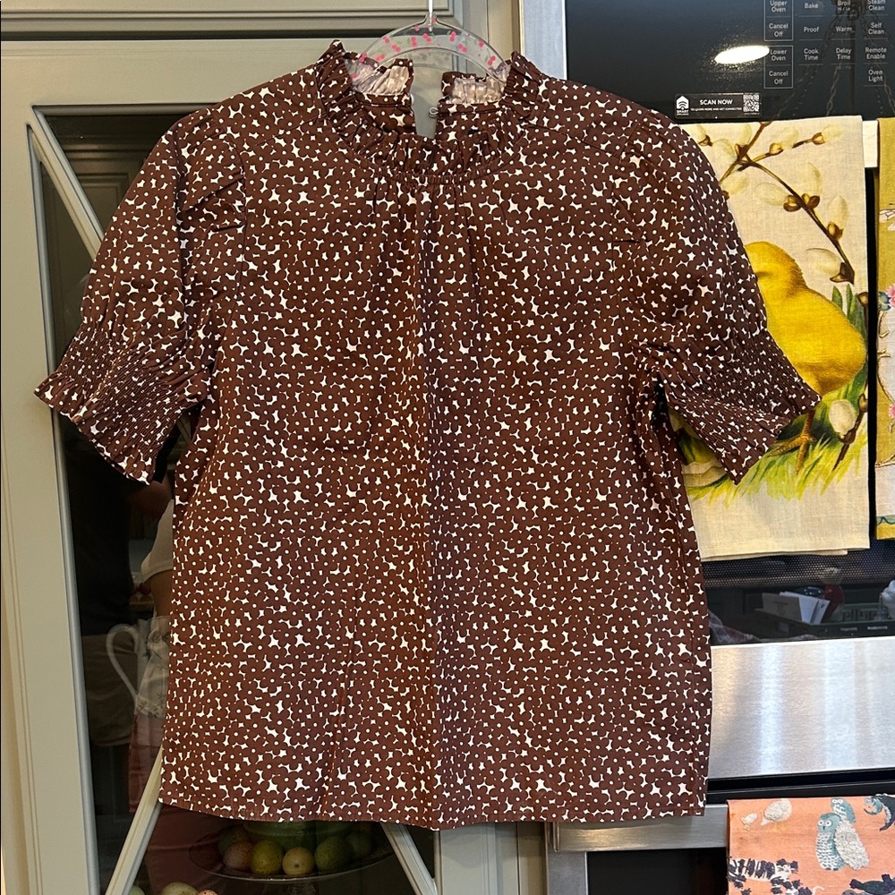 J. Crew Brown and White Floral Cotton Linen Peasant Top XS